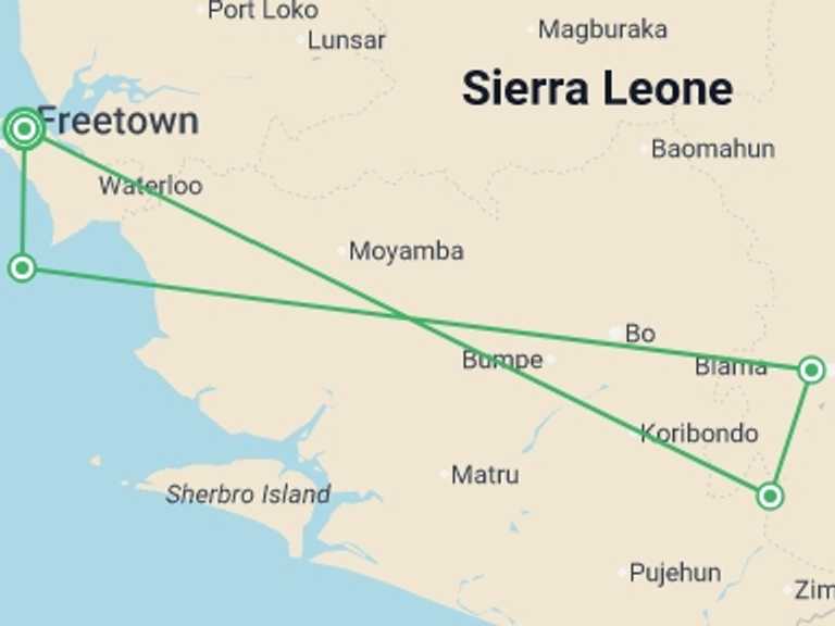 Map itinerary of Africa Tour in October 2026 with 4 destination visits for the trip: Sierra Leone Adventure: History, Culture & Nature