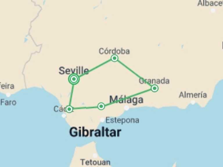 Map itinerary of Spain Tour in February 2026 with 5 destination visits for the trip: Down South, Self-drive