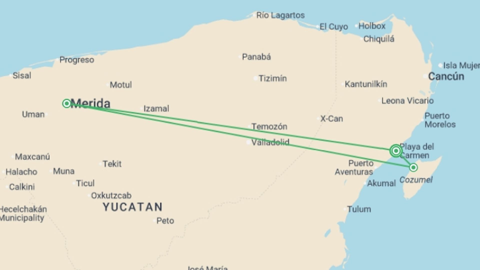 A map showing the tour itinerary for the trip: Mexico Family Journey: The Heart of the Yucatán, starting in Playa Del Carmen, Mexico and ending in Playa Del Carmen, Mexico going through 2 other destinations.