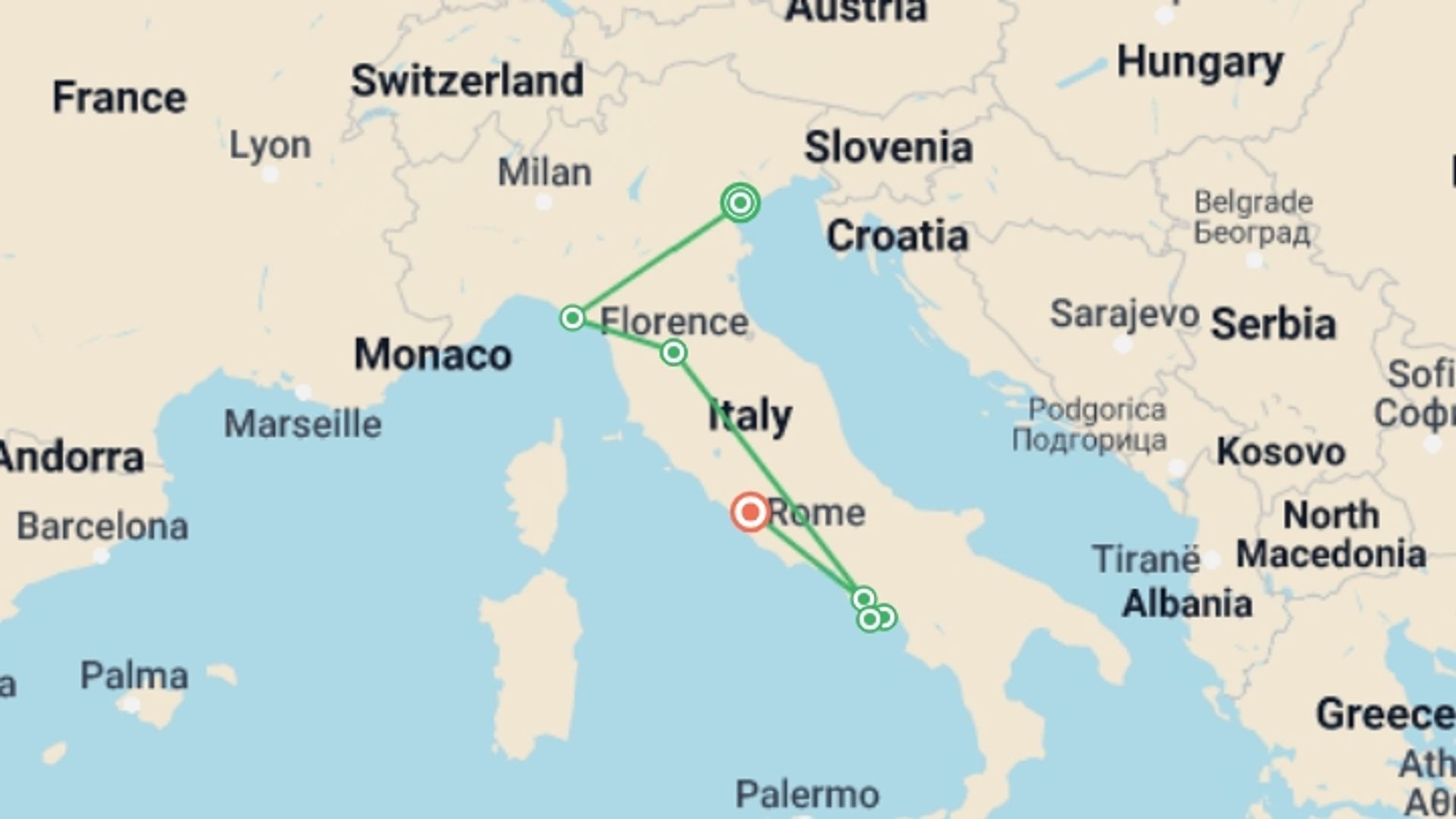 A map showing the tour itinerary for the trip: Journeys: Iconic Italy, starting in Venice, Italy and ending in Rome, Italy going through 5 other destinations.