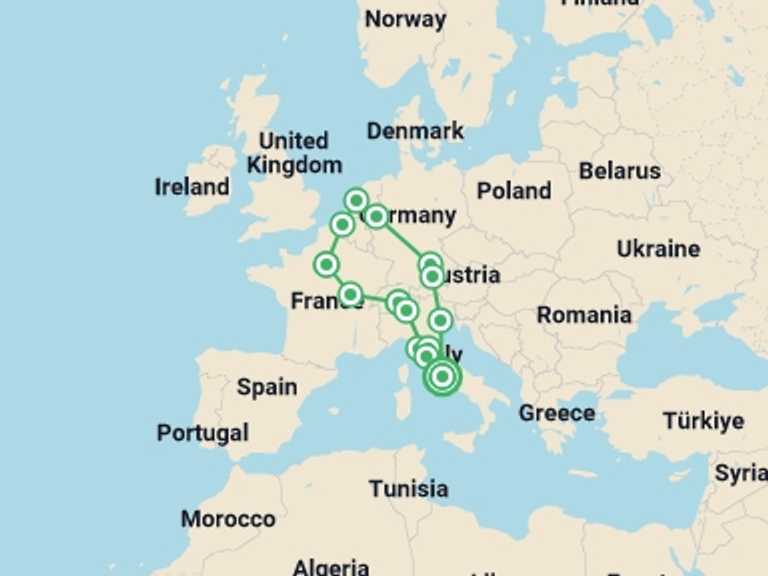 Map itinerary of Italy Tour in June 2026 with 10 destination visits for the trip: Europe Escape