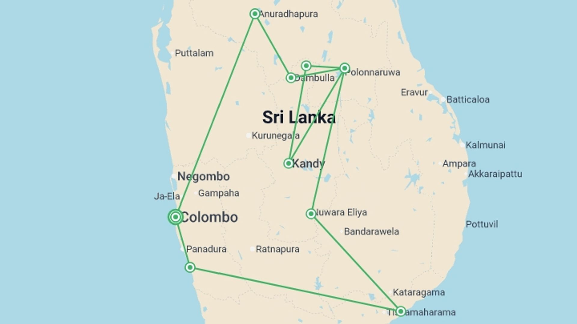 A map showing the tour itinerary for the trip: Sri Lanka Encompassed  - 15 days, starting in Colombo, Sri Lanka and ending in Colombo, Sri Lanka going through 6 other destinations.