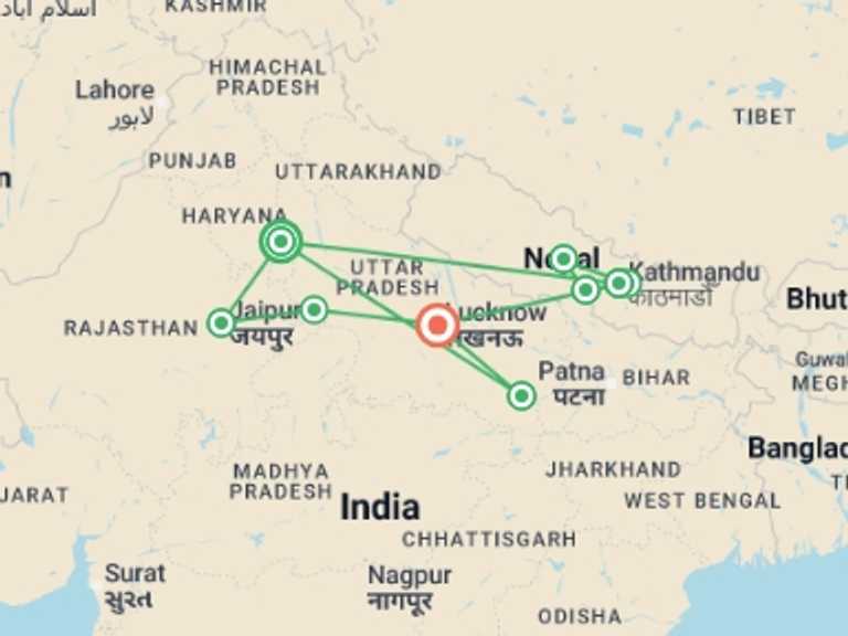 Map of 19-Day Asia Tour with 9 destination visits for the trip: Premium India & Nepal