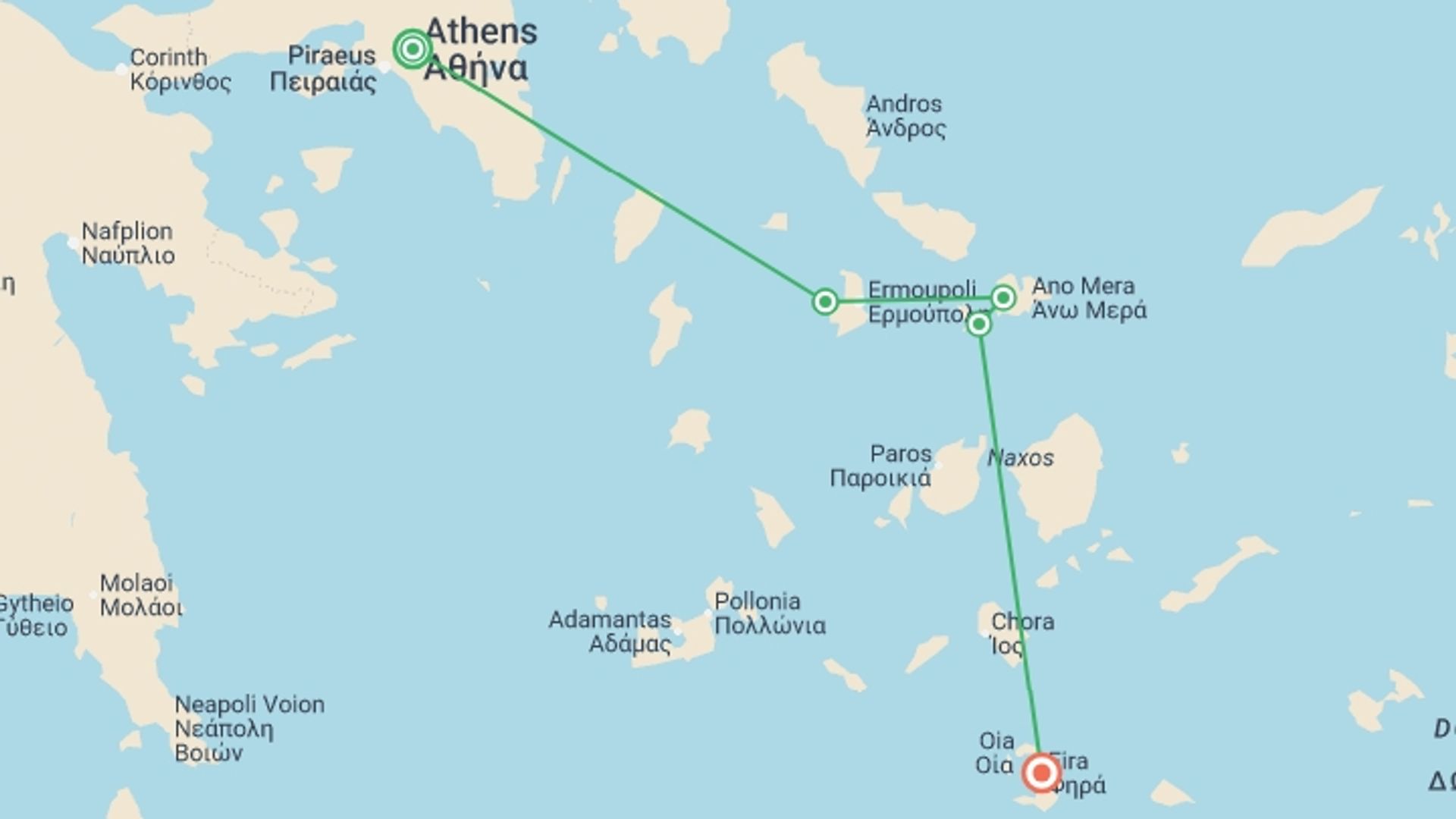 A map showing the tour itinerary for the trip: Athens to Santorini, starting in Athens, Greece and ending in Santorini, Greece going through 3 other destinations.