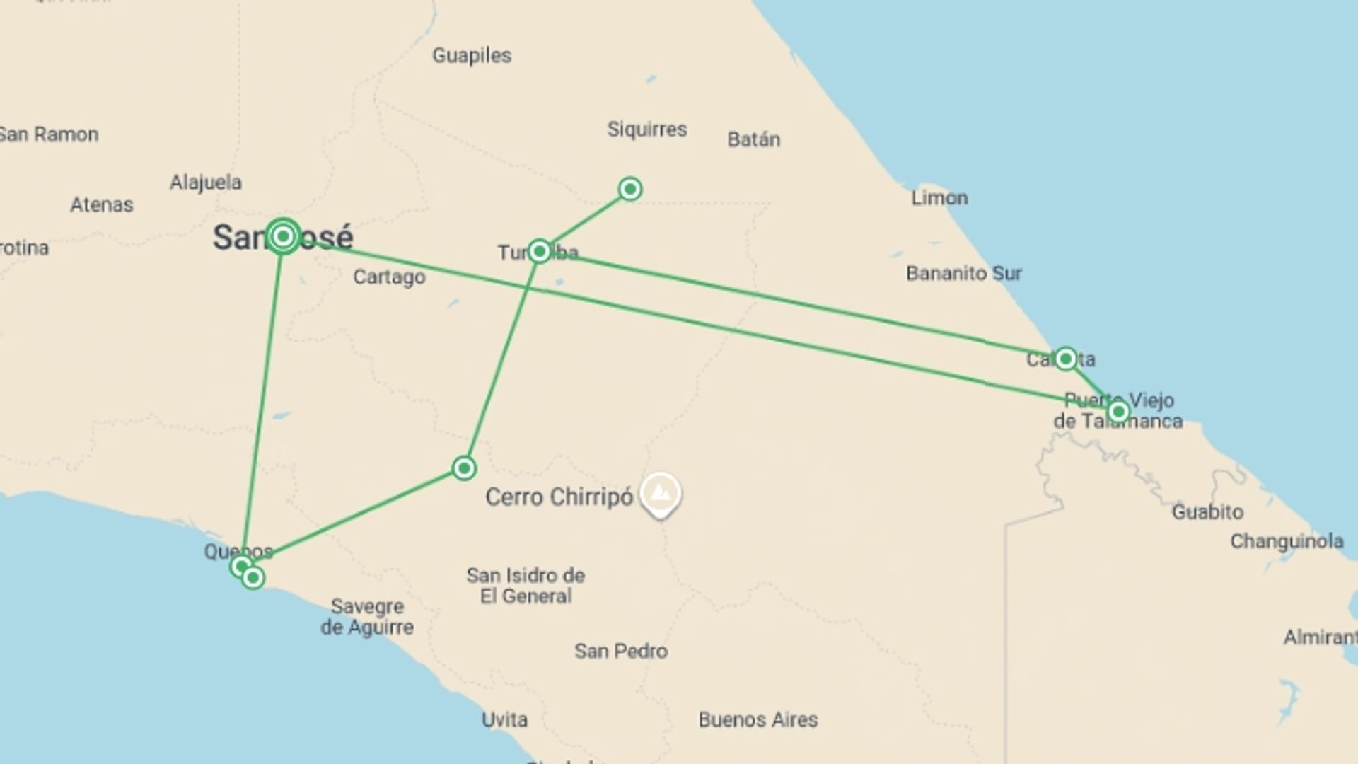 A map showing the tour itinerary for the trip: Caribbean To Pacific, starting in San Jose, Costa Rica and ending in San Jose, Costa Rica going through 6 other destinations.