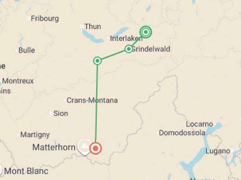 Map of Switzerland Tour with 4 destination visits for the trip: The Bernese Oberland and Reichenbach Falls