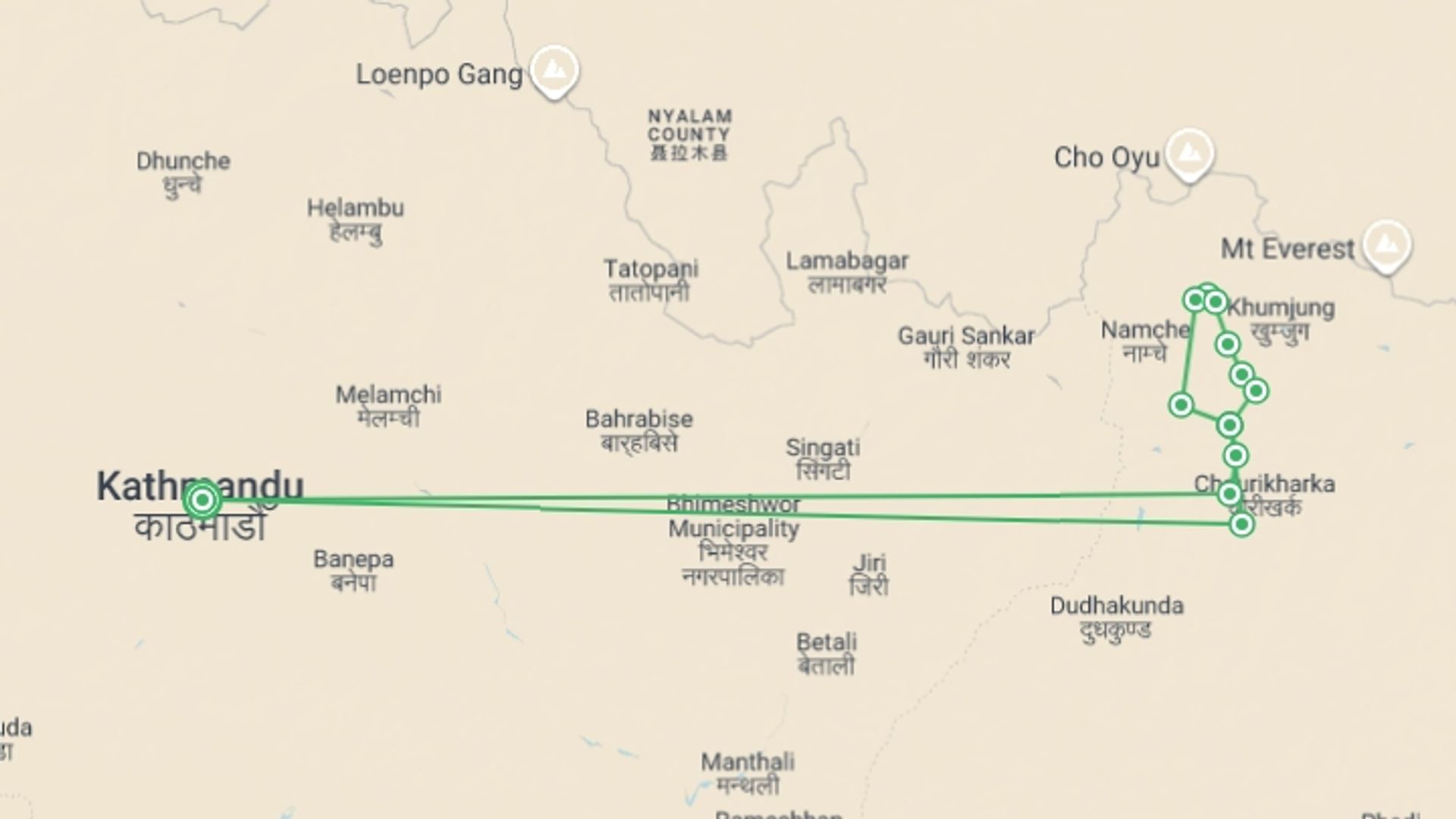 A map showing the tour itinerary for the trip: Gokyo & the Renjo La in Comfort, starting in Kathmandu, Nepal and ending in Kathmandu, Nepal going through 13 other destinations.