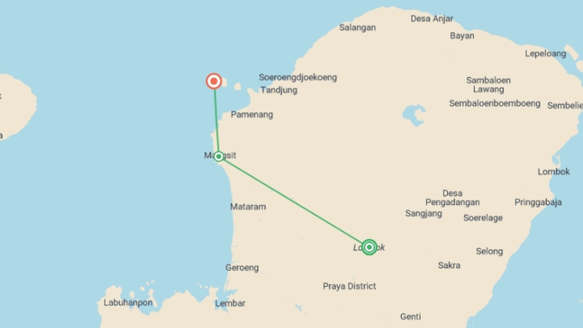 A map showing the tour itinerary for the trip: Lombok & Gili Adventure: Culture, Peaks & Paradise, starting in Tempasan, Indonesia and ending in Gili Trawangan, Indonesia going through 2 other destinations.