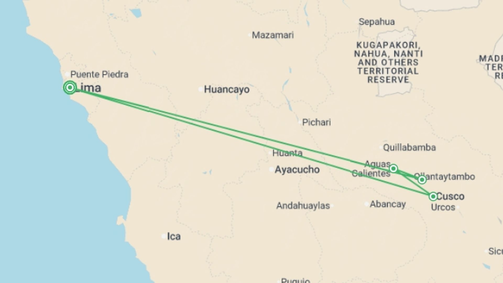 A map showing the tour itinerary for the trip: Into the Incan Empire - 8 days, starting in Lima, Peru and ending in Lima, Peru going through 3 other destinations.