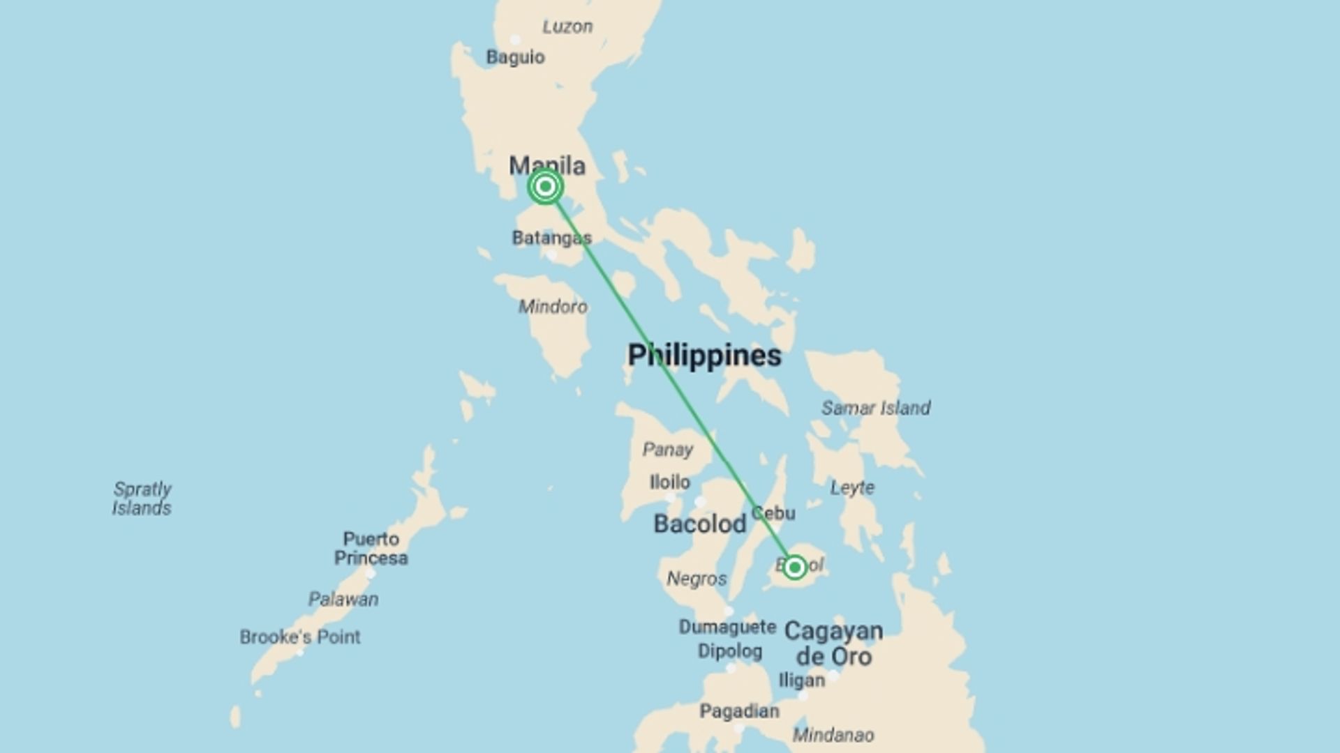 A map showing the tour itinerary for the trip: Philippine Highlights, starting in Manila, Philippines and ending in Manila, Philippines going through 1 other destinations.