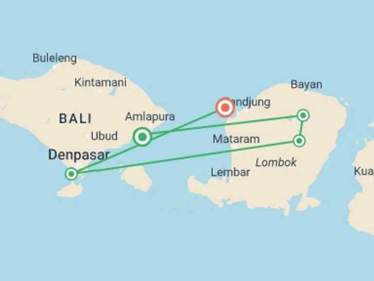 Map itinerary of Candidasa Tour in May 2026 with 6 destination visits for the trip: Indonesia: Candidasa, Mt Rinjani & the Gilis