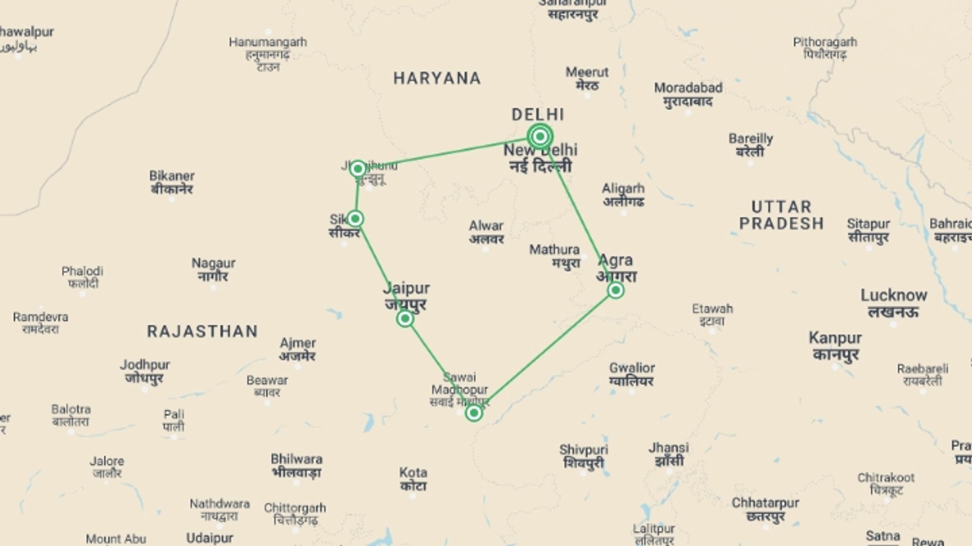 A map showing the tour itinerary for the trip: Northern India Family Holiday, starting in New Delhi, India and ending in New Delhi, India going through 6 other destinations.