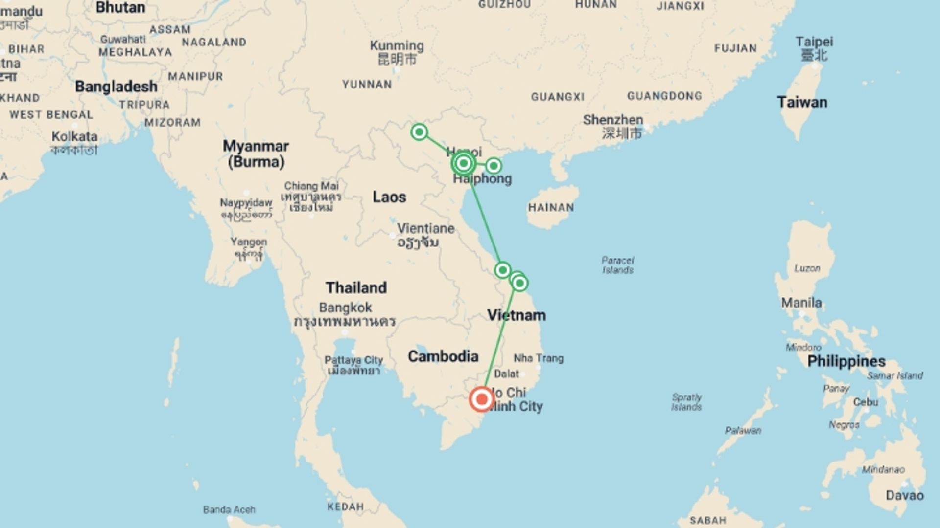 A map showing the tour itinerary for the trip: Classic Vietnam Tour with Sapa: 14 Days, starting in Hanoi, Vietnam and ending in Ho Chi Minh City, Vietnam going through 8 other destinations.