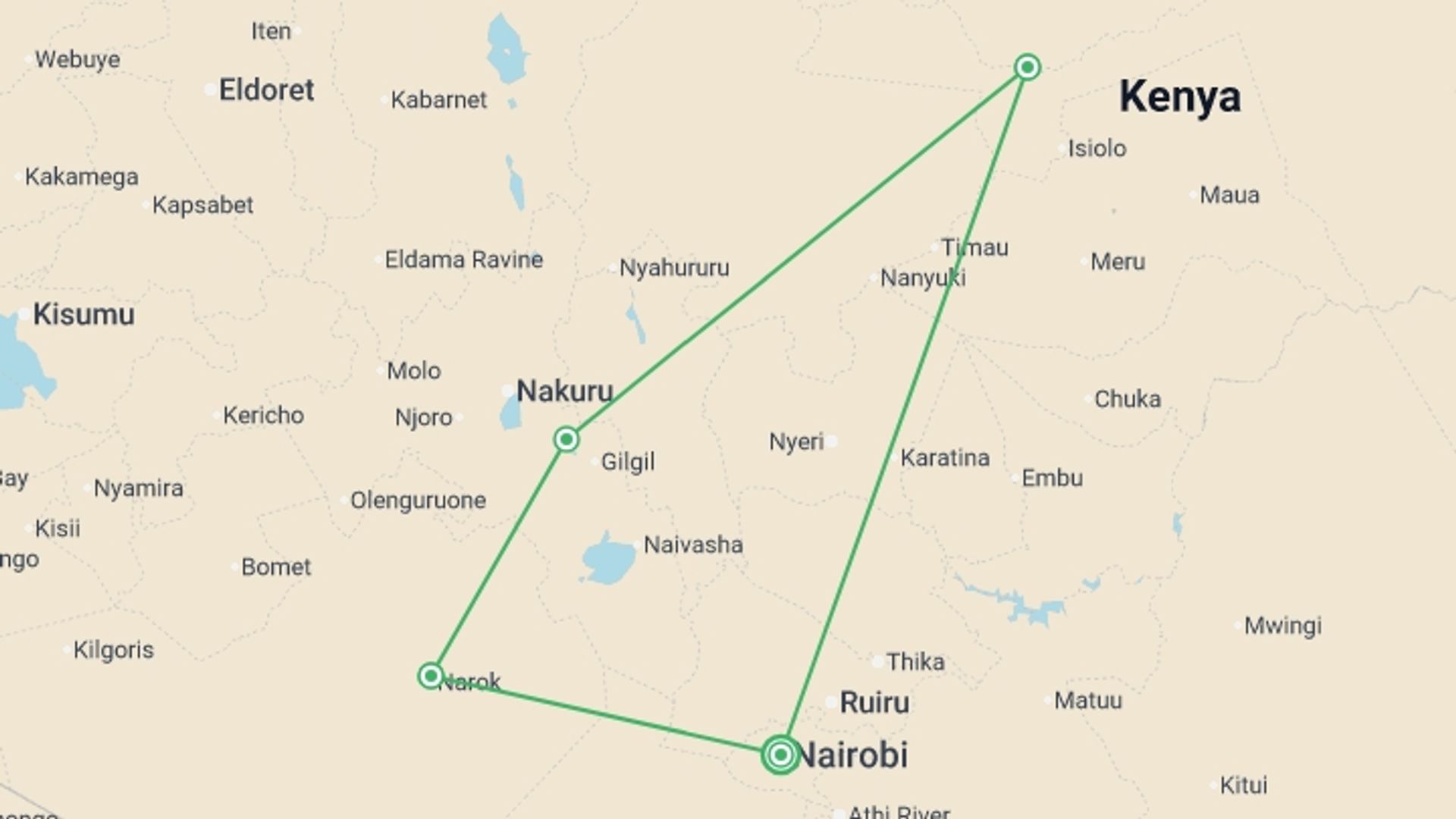 A map showing the tour itinerary for the trip: Kenya Up Close (superior) - 8 days, starting in Nairobi, Kenya and ending in Nairobi, Kenya going through 4 other destinations.