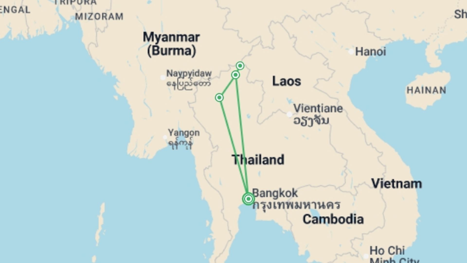 A map showing the tour itinerary for the trip: Bangkok And Golden Triangle, Private Tour, starting in Bangkok, Thailand and ending in Bangkok, Thailand going through 3 other destinations.