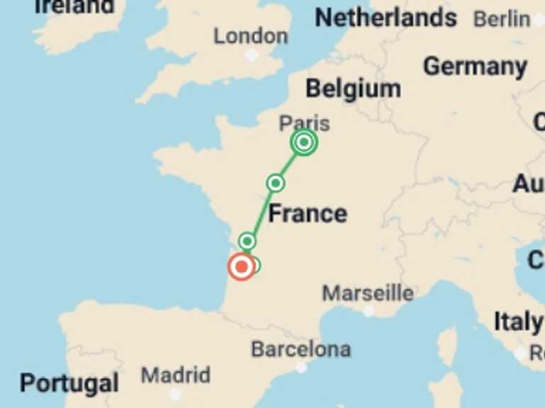 Map of Paris Explorer Tour with 5 destination visits for the trip: Paris, Loire Valley & Bordeaux Escape
