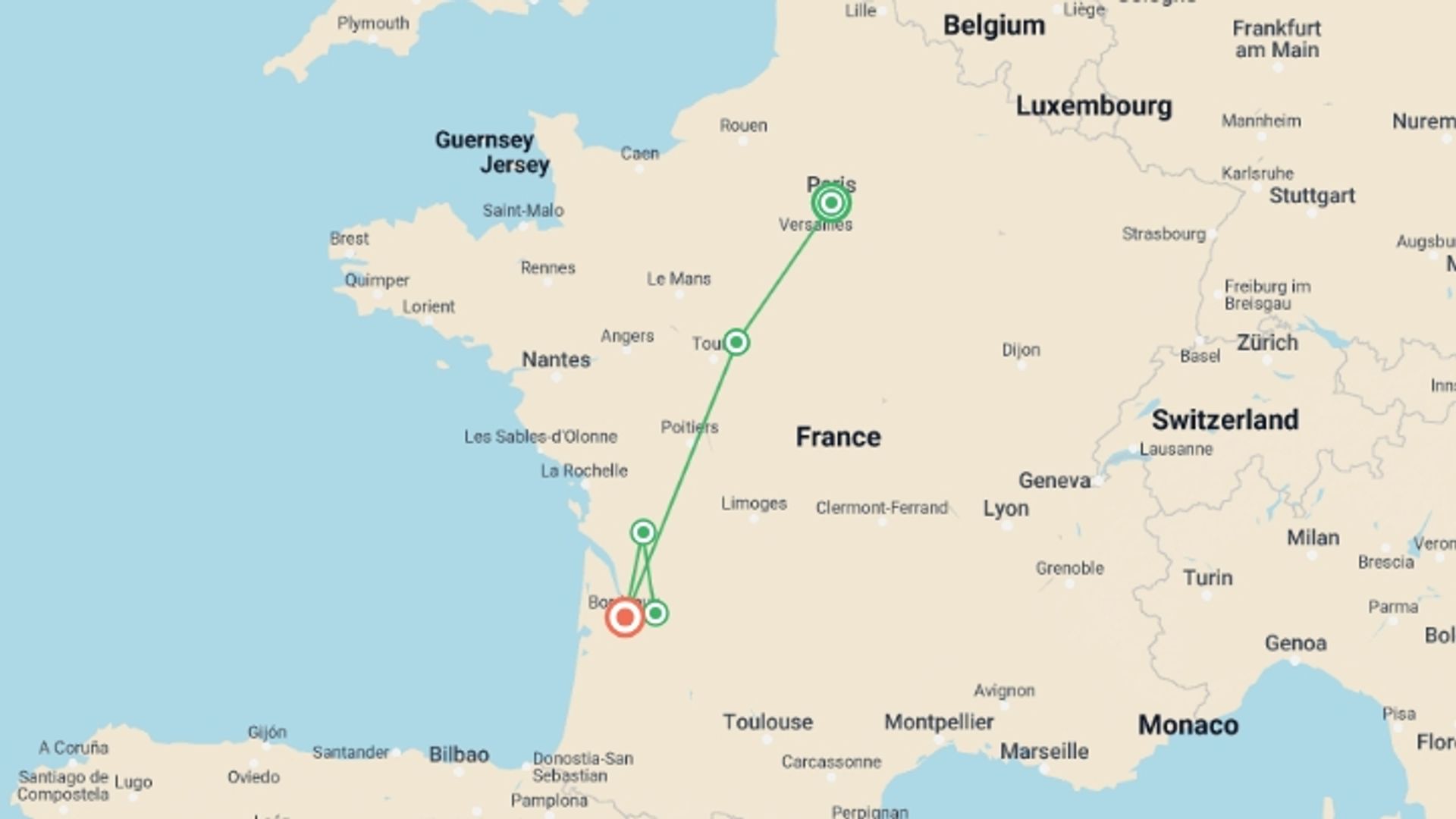 A map showing the tour itinerary for the trip: Paris, Loire Valley & Bordeaux Escape, starting in Paris, France and ending in Bordeaux, France going through 3 other destinations.