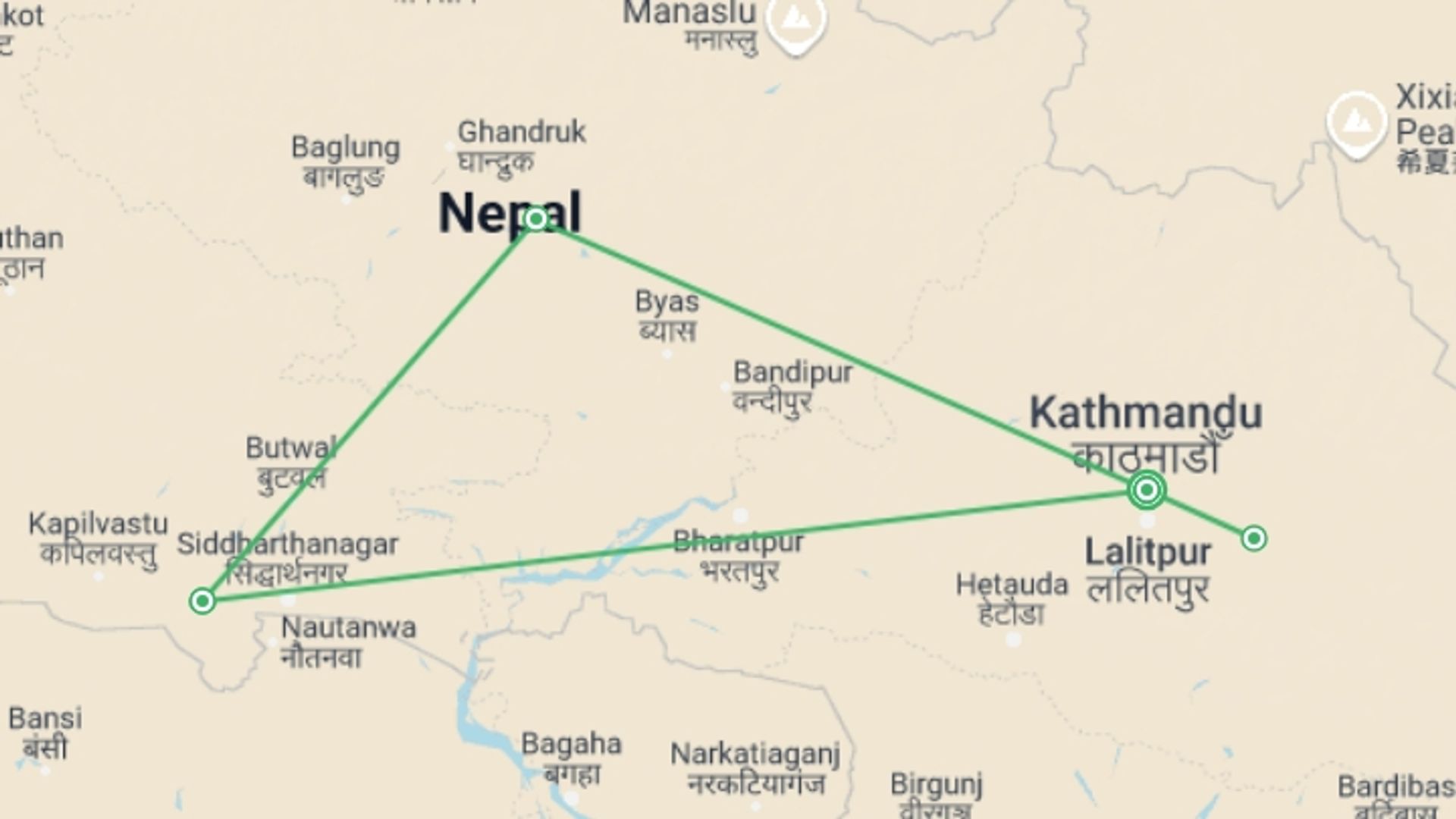 A map showing the tour itinerary for the trip: Nepal Buddhist Cultural Tour, starting in Kathmandu, Nepal and ending in Kathmandu, Nepal going through 3 other destinations.