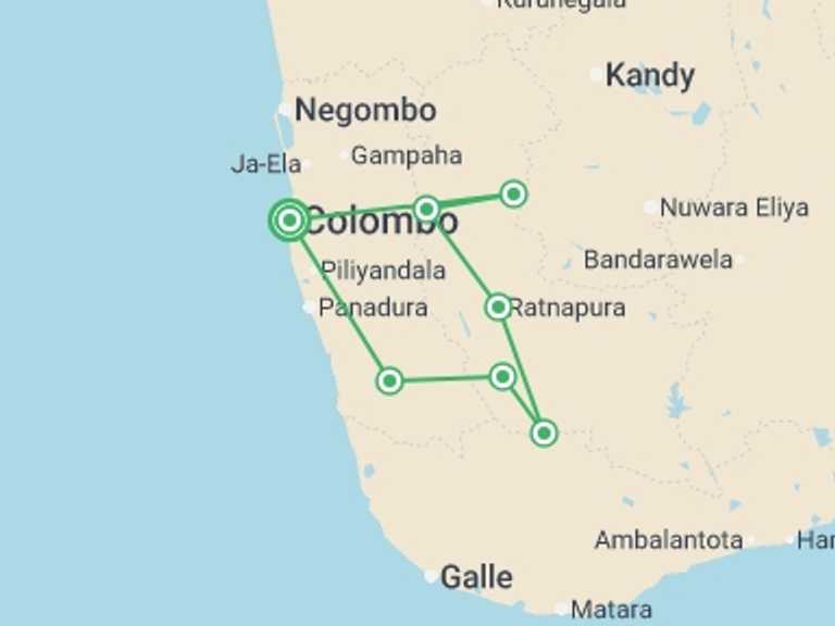 Map itinerary of Sri Lanka Tour in November 2026 with 2 destination visits for the trip: The Vivid Green Of Sri Lanka, Private Tour