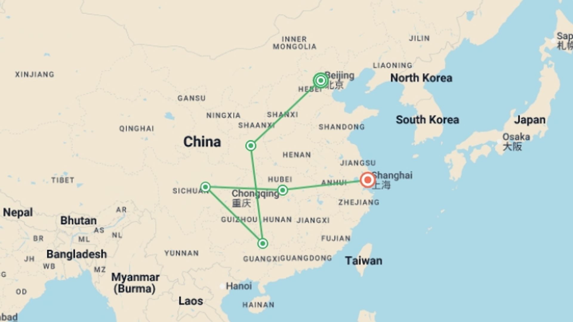 A map showing the tour itinerary for the trip: China Discovery & Yangtze Cruise - 15 days, starting in Beijing, China and ending in Shanghai, China going through 4 other destinations.