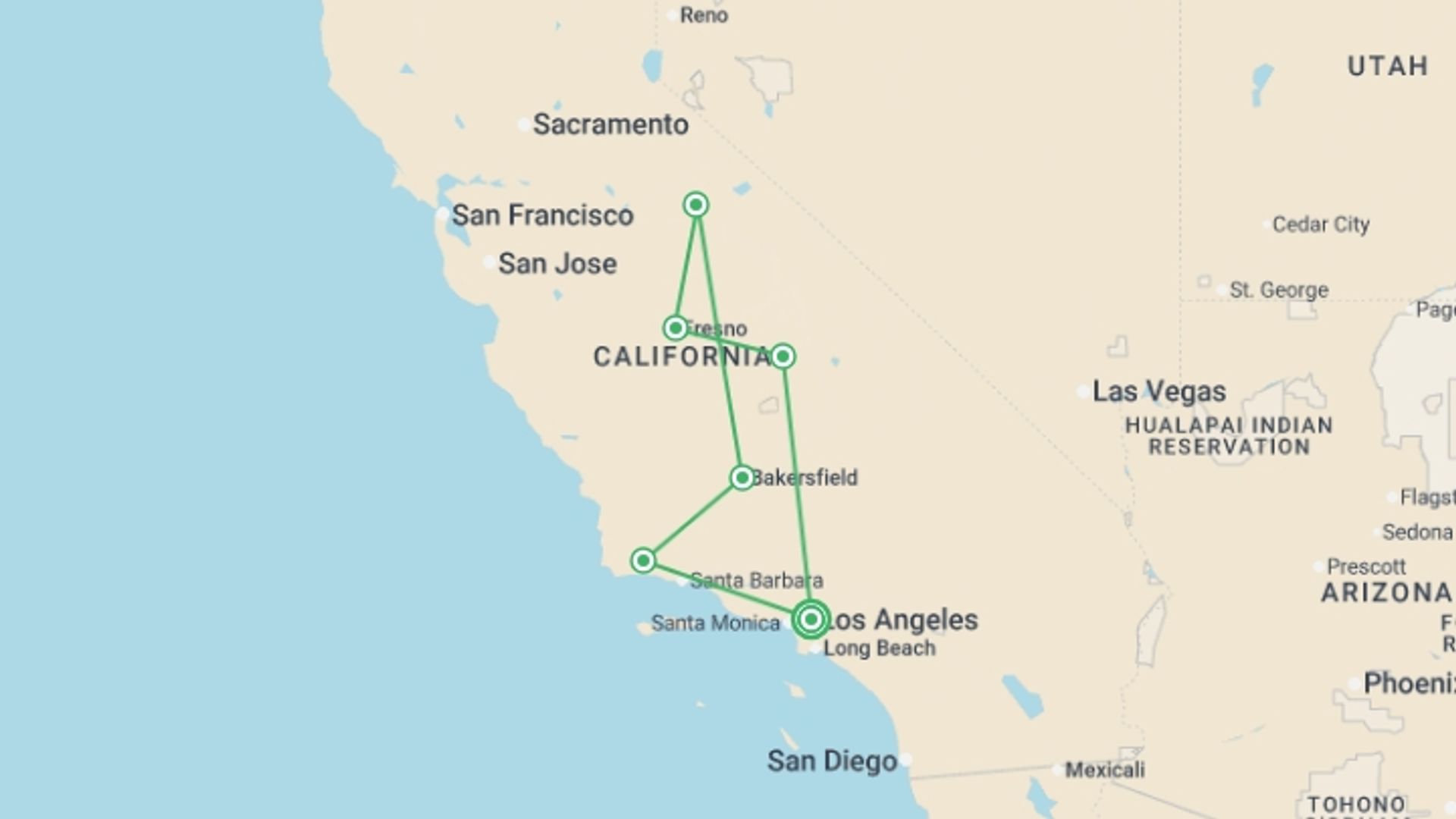 A map showing the tour itinerary for the trip: Los Angeles, Yosemite, and Giant Sequoia, starting in Los Angeles, USA and ending in Los Angeles, USA going through 2 other destinations.