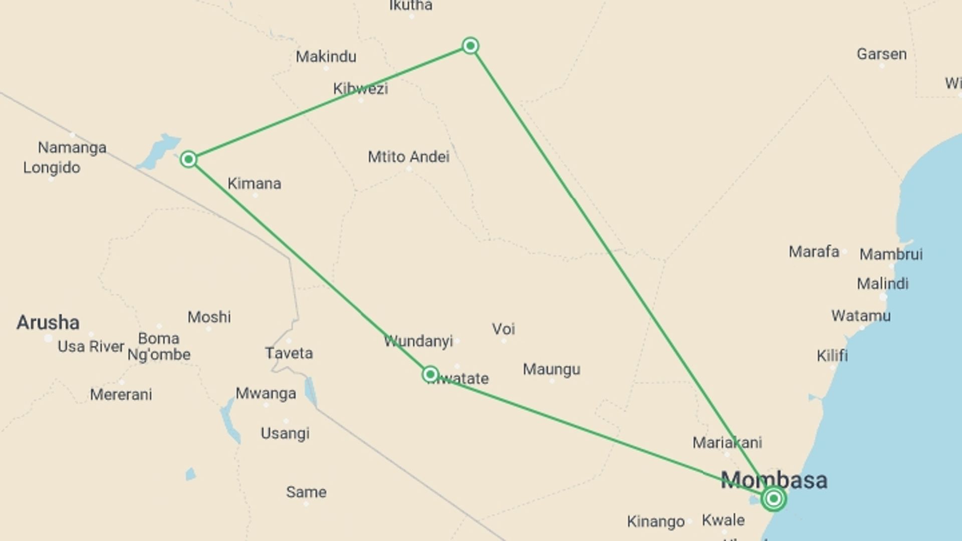 A map showing the tour itinerary for the trip: Mombasa Rendezvous, Private Tour (on Request), starting in Mombasa, Kenya and ending in Mombasa, Kenya going through 3 other destinations.