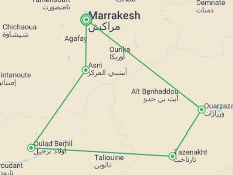 Map itinerary of Mediterranean Tour in December 2026 with 4 destination visits for the trip: Ouarzazate & High Atlas, Private Tour