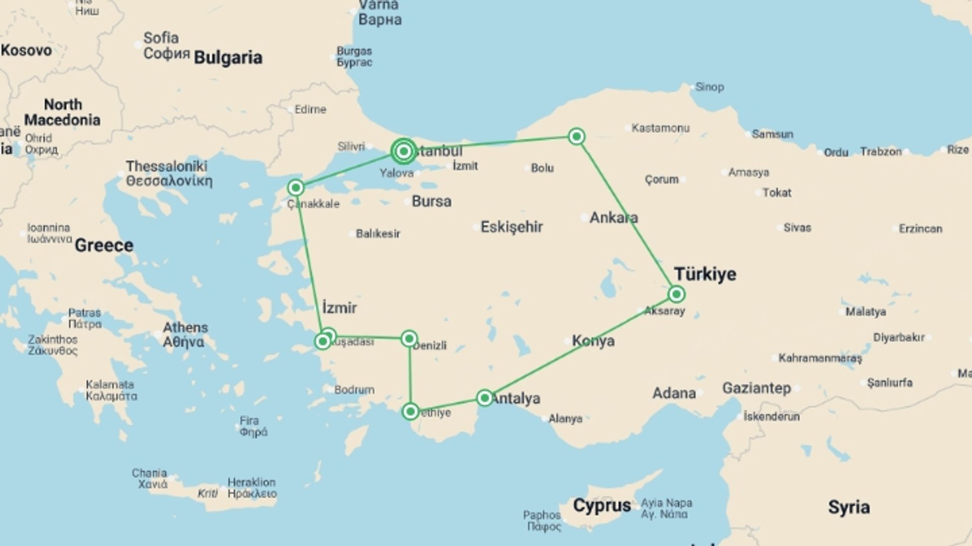 A map showing the tour itinerary for the trip: Turkey Discovered - 14 Days, starting in Istanbul, Turkey and ending in Istanbul, Turkey going through 8 other destinations.