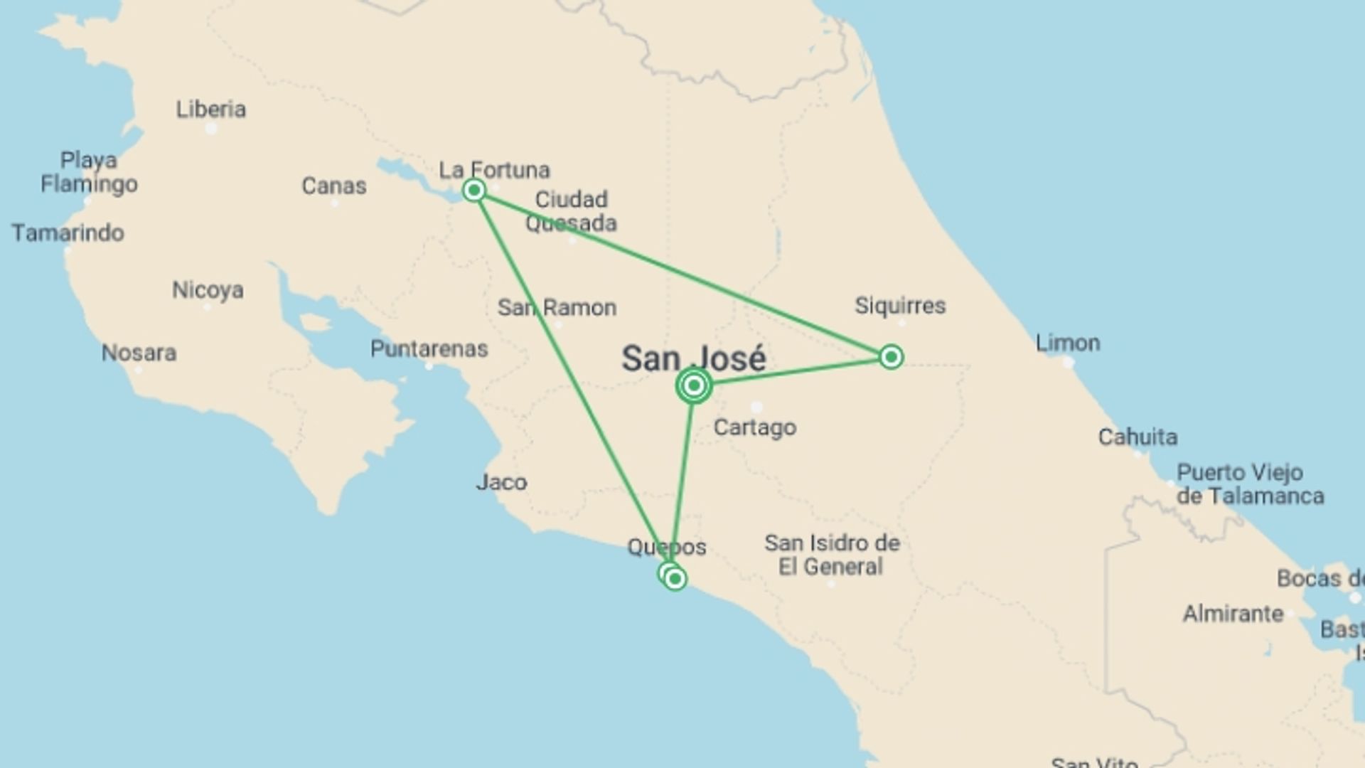 A map showing the tour itinerary for the trip: Costa Rican Adventure, starting in San Jose, Costa Rica and ending in San Jose, Costa Rica going through 5 other destinations.