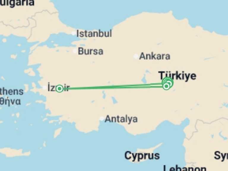 Map itinerary of Europe Tour in April 2027 with 6 destination visits for the trip: Walking in Cappadocia
