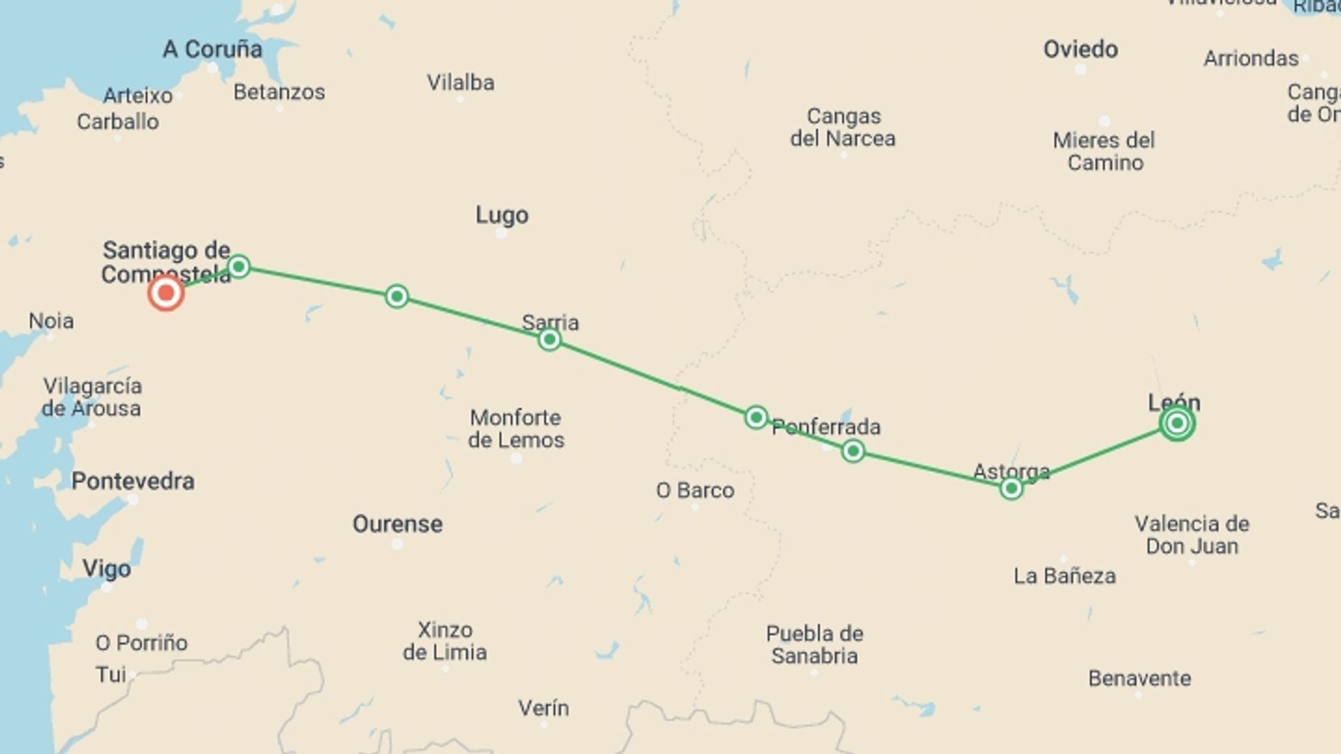 A map showing the tour itinerary for the trip: Cycling the Camino de Santiago, starting in Leon, Spain and ending in Santiago De Compostela, Spain going through 6 other destinations.