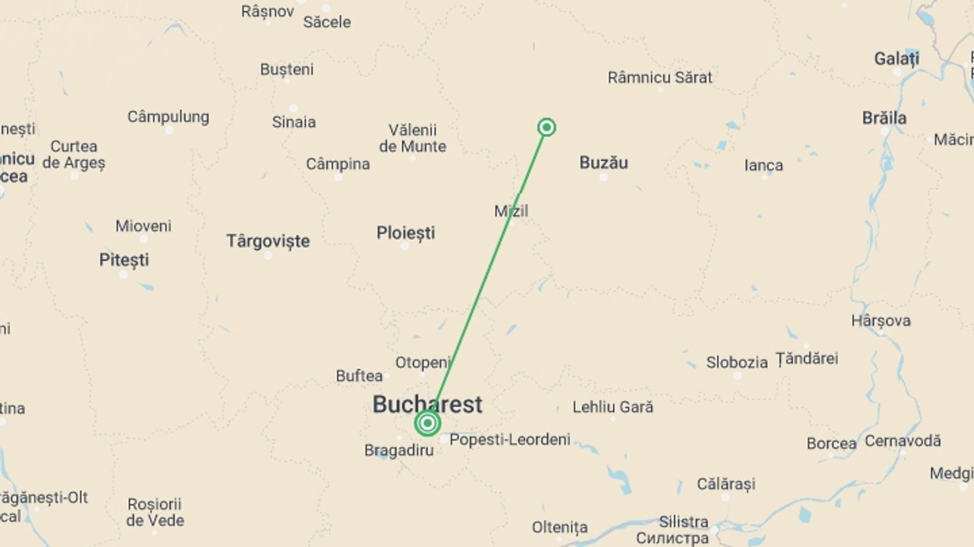A map showing the tour itinerary for the trip: Carpathian Walking & Bears, starting in Bucharest, Romania and ending in Bucharest, Romania going through 2 other destinations.