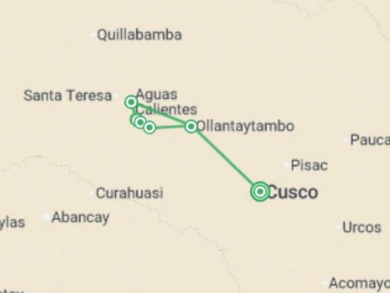 Map of Cusco Kayaking and canoeing Tour with 4 destination visits for the trip: Inca Trail Trek to Machu Picchu 5D/4N