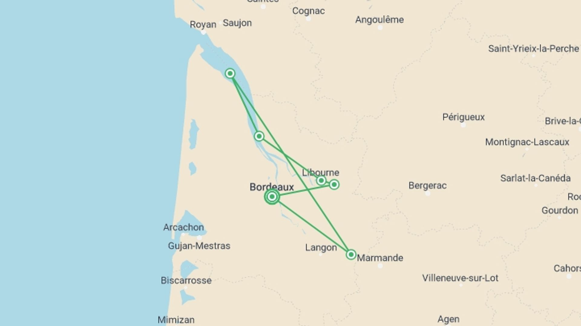 A map showing the tour itinerary for the trip: The exceptional region of Bordeaux (port-to-port cruise), starting in Bordeaux, France and ending in Bordeaux, France going through 4 other destinations.