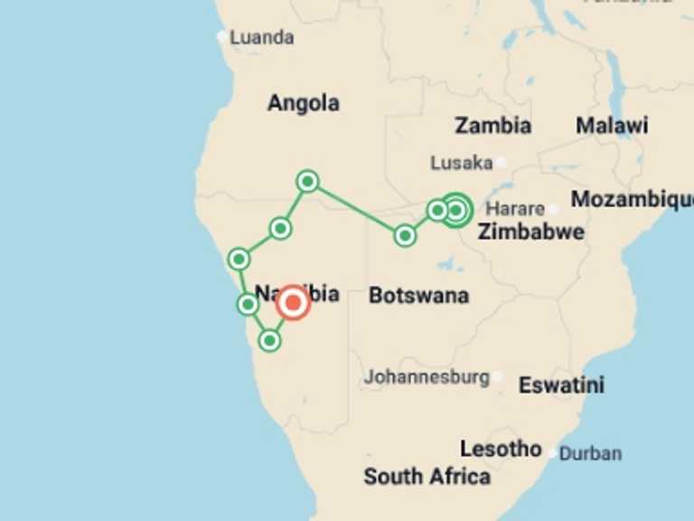 Map of Namibia and Zimbabwe Tour with 9 destination visits for the trip: Falls, Botswana & Namibia 2027 - 15 days