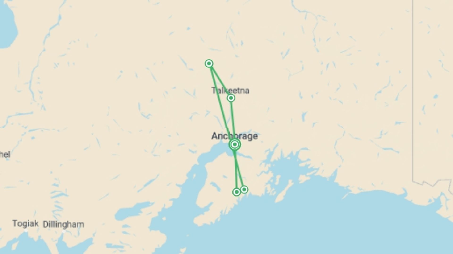 A map showing the tour itinerary for the trip: Alaska Wildlife & Wilderness, starting in undefined, USA and ending in undefined, USA going through 0 other destinations.