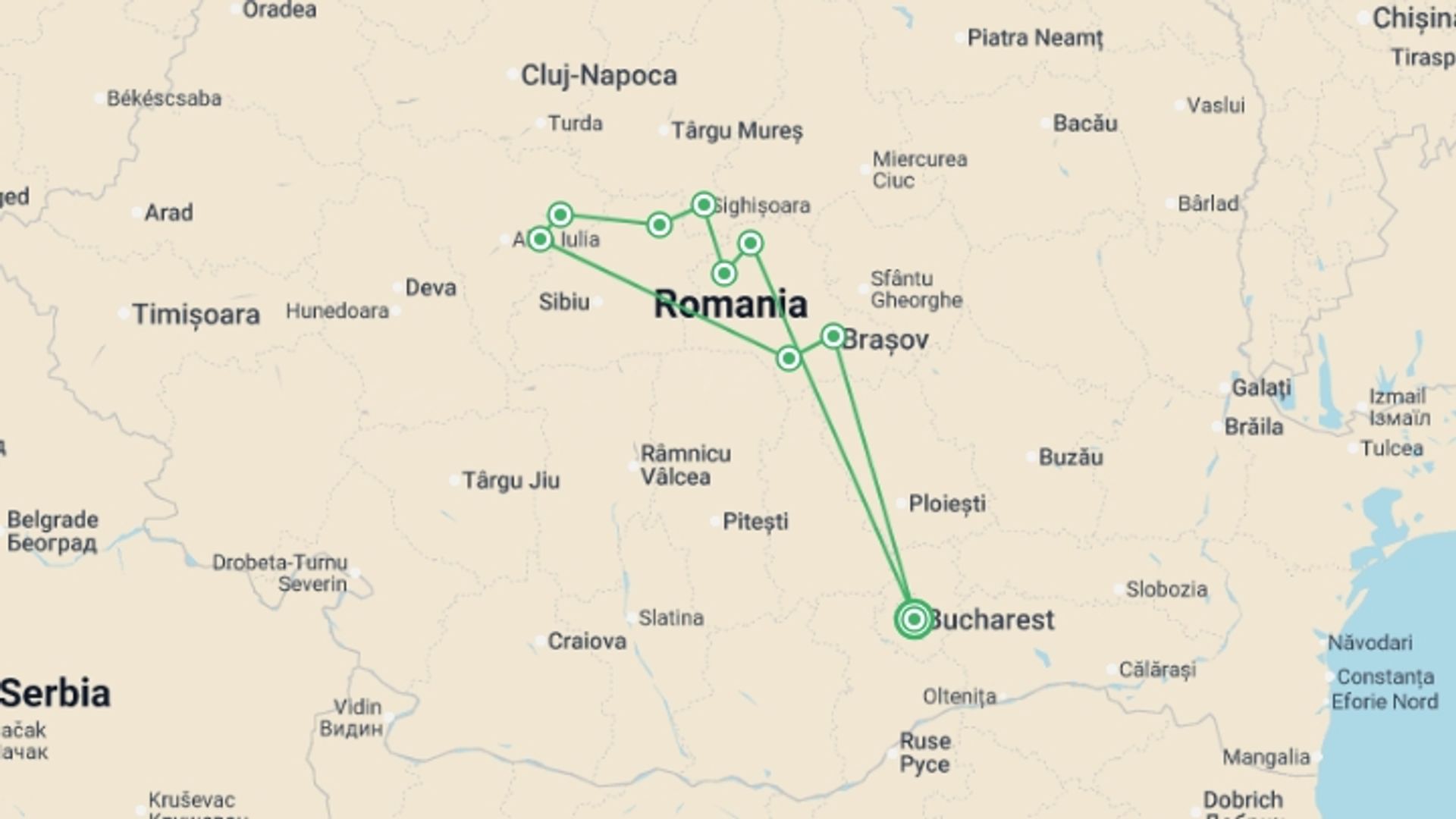 A map showing the tour itinerary for the trip: Romania Cycle Explorer, starting in Bucharest, Romania and ending in Bucharest, Romania going through 7 other destinations.