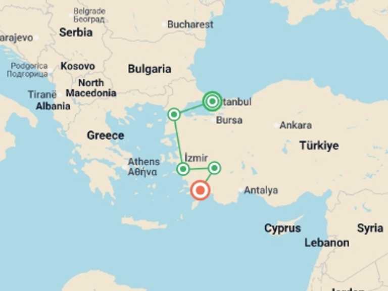 Map itinerary of Europe Tour in August 2026 with 7 destination visits for the trip: Aegean Prelude Tour