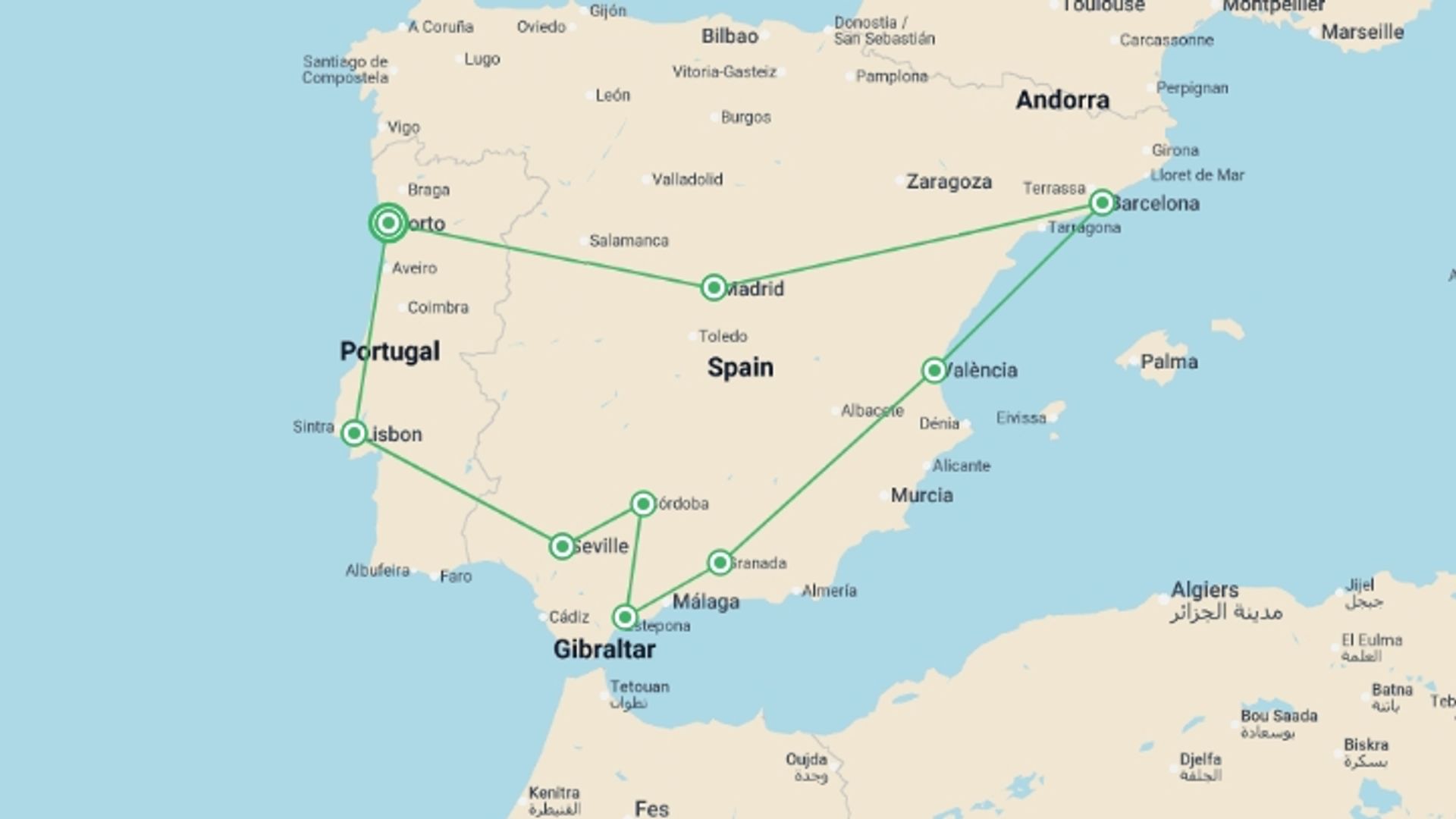 A map showing the tour itinerary for the trip: Porto to Costa del Sol & Barcelona - 15 days, starting in Porto, Portugal and ending in Porto, Portugal going through 8 other destinations.
