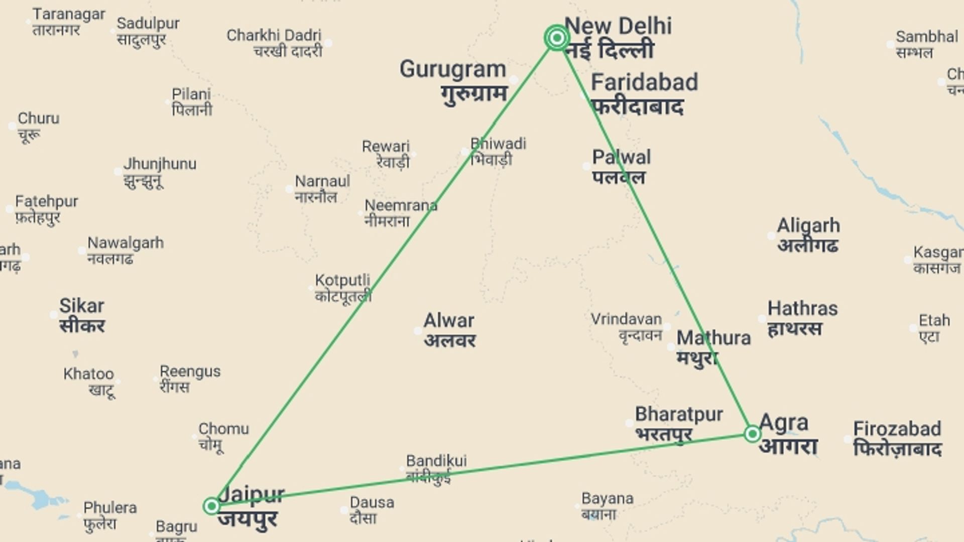 A map showing the tour itinerary for the trip: Treasures of India - 8 days , starting in New Delhi, India and ending in New Delhi, India going through 2 other destinations.