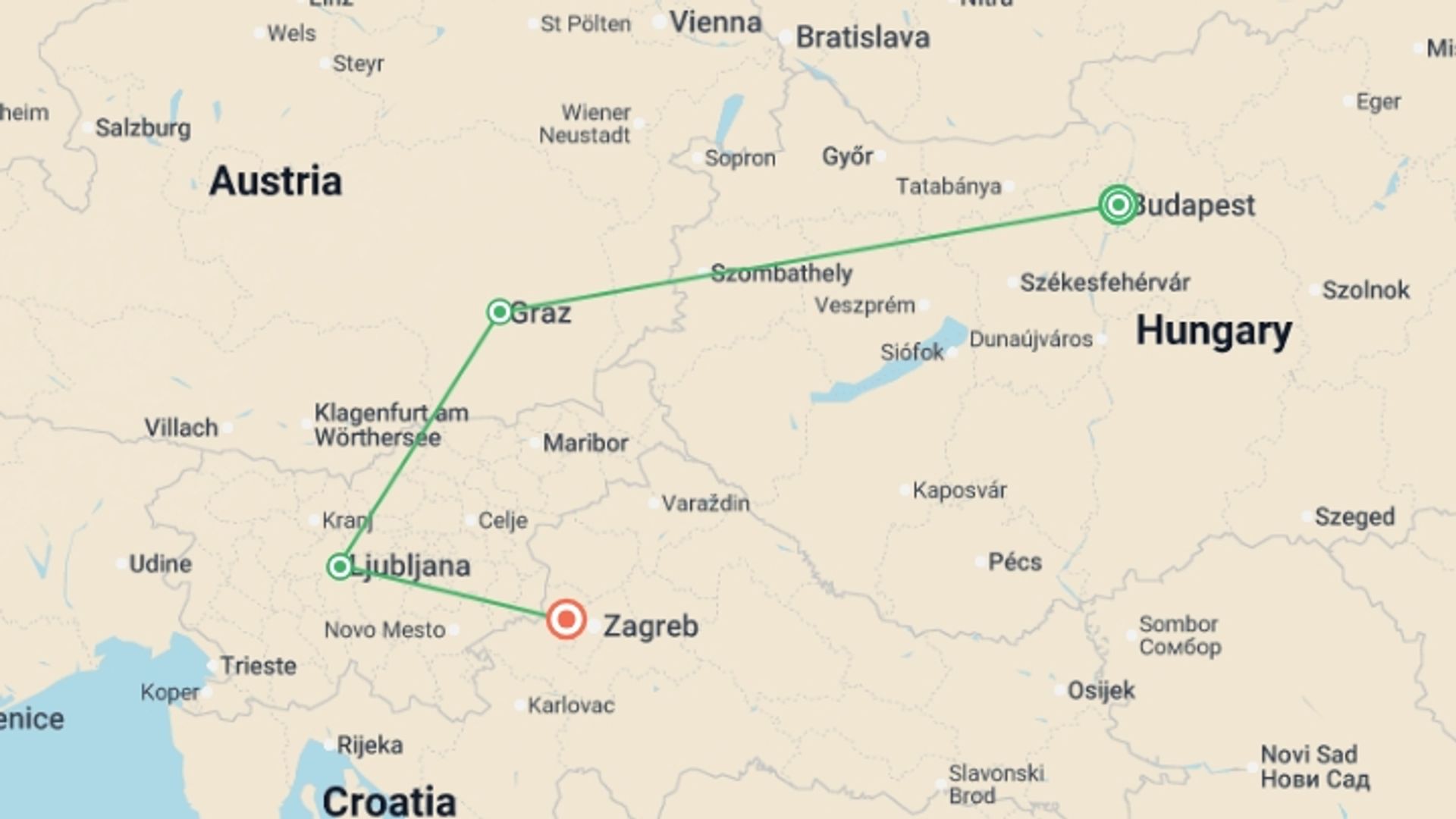 A map showing the tour itinerary for the trip: Europe Christmas Markets: Budapest to Zagreb, starting in Budapest, Hungary and ending in Zagreb, Croatia going through 2 other destinations.