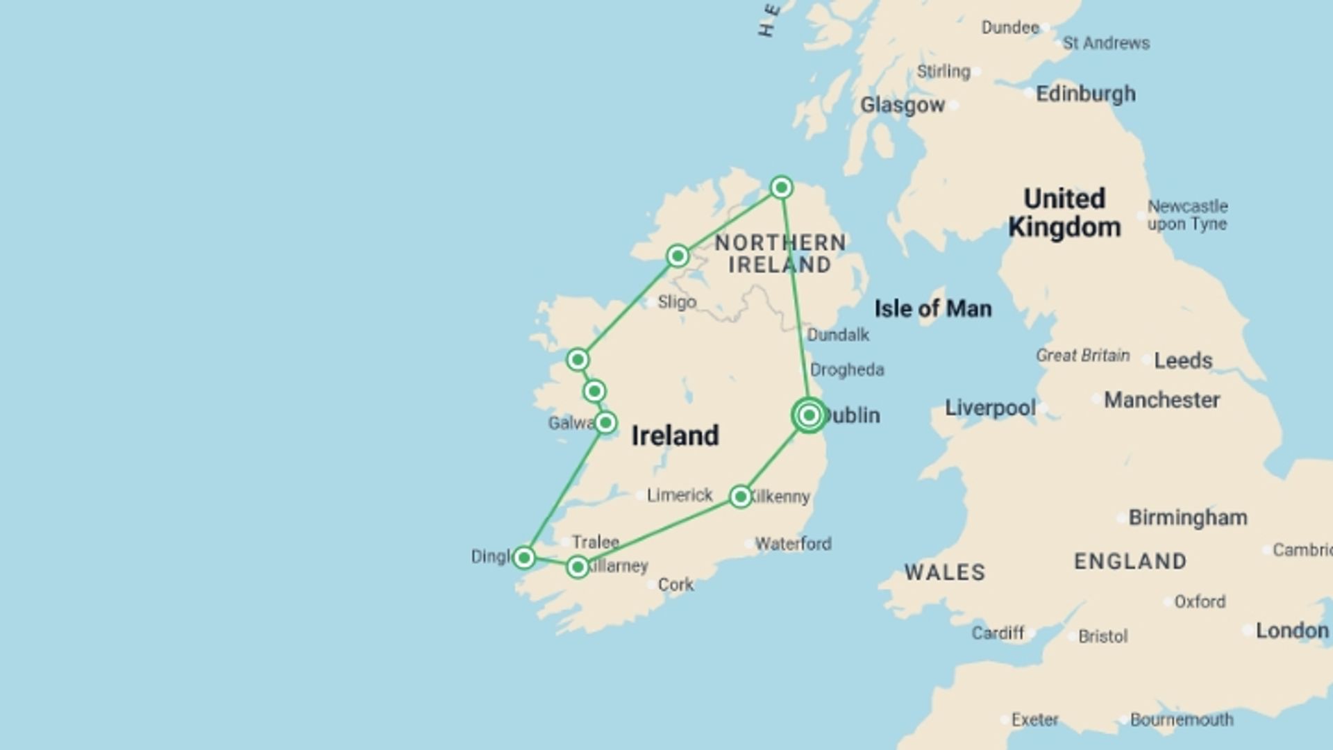 A map showing the tour itinerary for the trip: Ireland Coast to Coast - 9 days, starting in Dublin, Ireland and ending in Dublin, Ireland going through 8 other destinations.