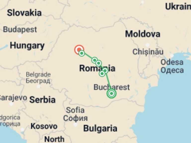 Map of Romania Tour with 5 destination visits for the trip: Halloween in Transylvania (Northbound)