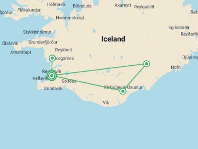 Map itinerary of Reykjavik Tour in November 2026 with 4 destination visits for the trip: Picturesque Solo Northern lights and Golden Circle of Iceland Tour