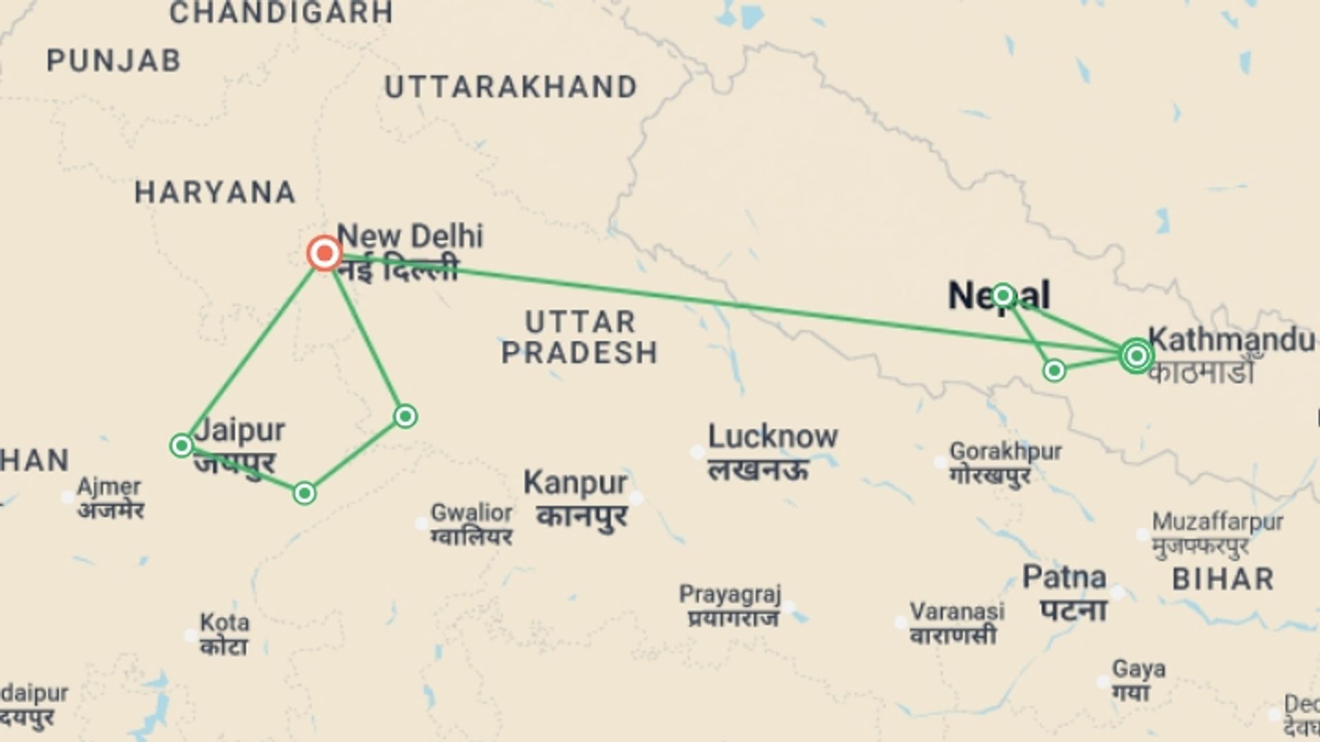 A map showing the tour itinerary for the trip: Highlights of Nepal & India - 16 days, starting in Kathmandu, Nepal and ending in New Delhi, India going through 5 other destinations.
