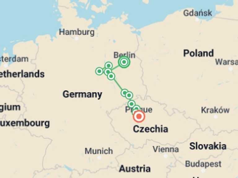 Map of Berlin Cruise Tour with 8 destination visits for the trip: From Berlin to Prague: Cruise on the Elbe and Vltava Rivers (port-to-port cruise)