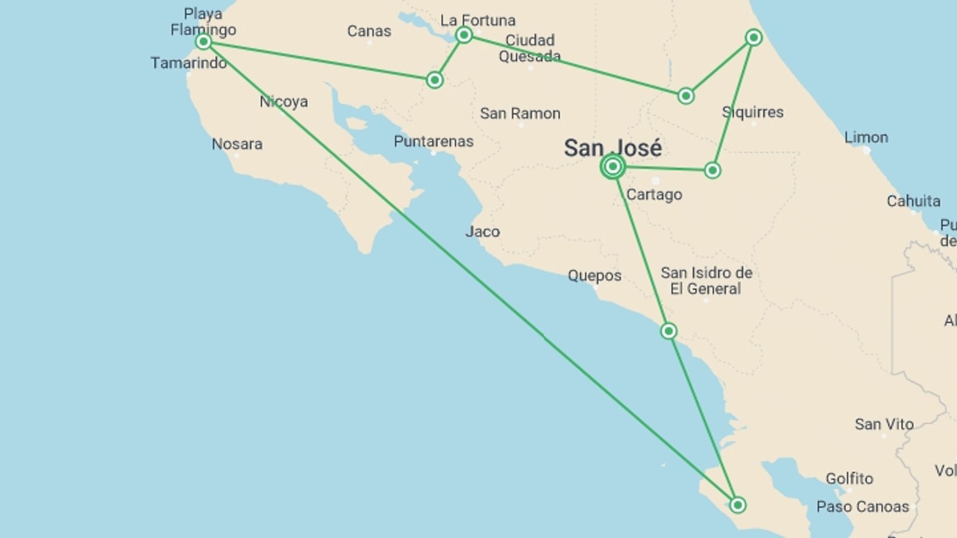 A map showing the tour itinerary for the trip: Upgraded - Costa Rica Wildlife, starting in San Jose, Costa Rica and ending in San Jose, Costa Rica going through 8 other destinations.