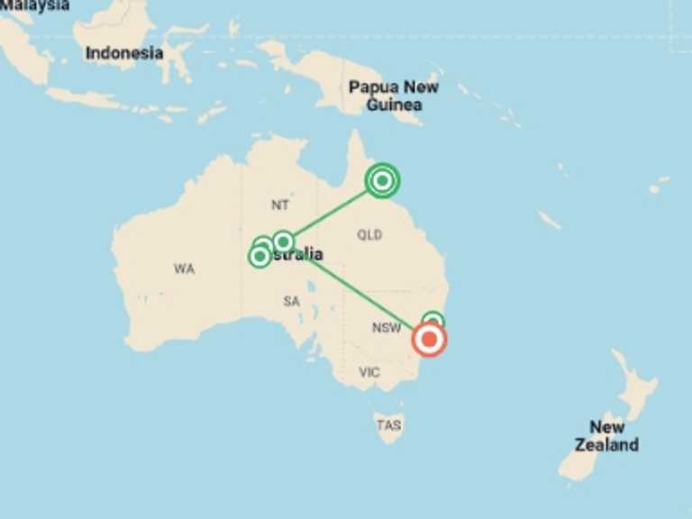 Map itinerary of Oceania Tour in Fall with 7 destination visits for the trip: Inspiring Australia