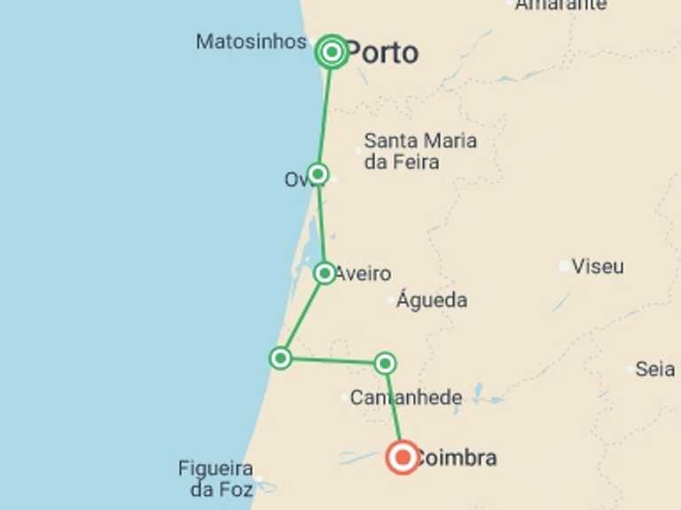 Map of Portugal Tour with 6 destination visits for the trip: Porto to Coimbra Cycling