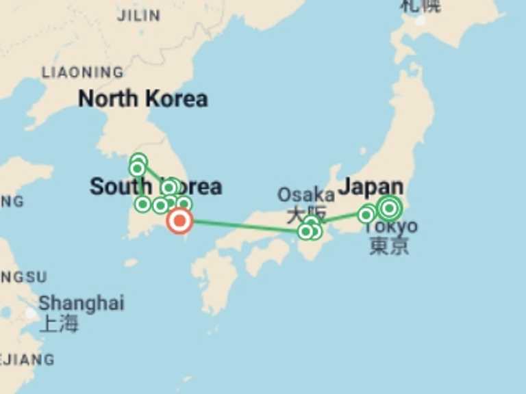 Map of 15-Day Osaka Tour with 8 destination visits for the trip: Essential Japan and Complete Korea
